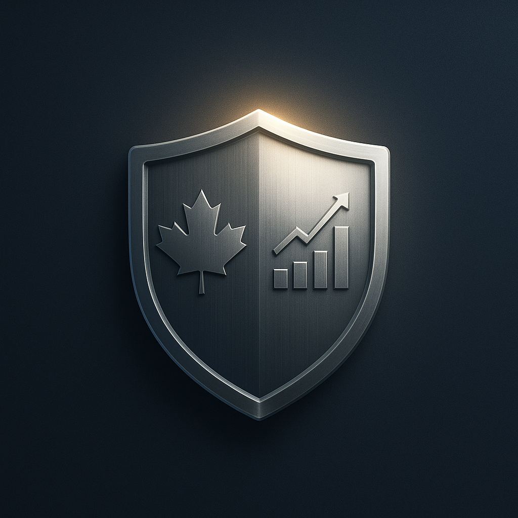 Canadian financial protection and growth - maple leaf and upward trending chart on protective shield